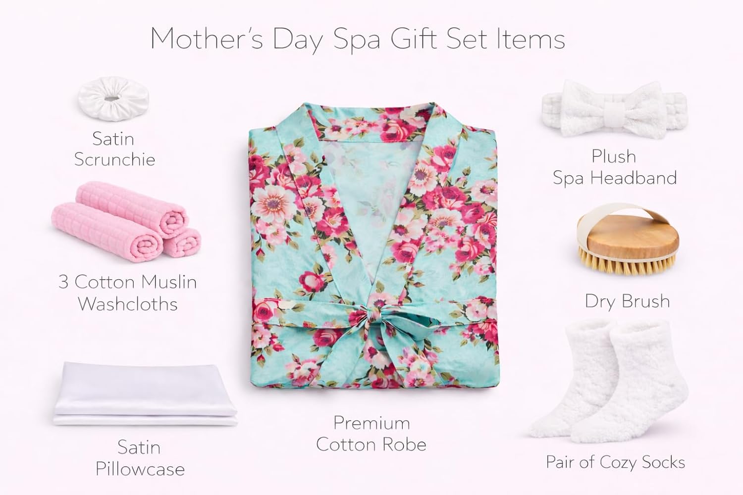 Mother’s Day Spa Gift Set for Women – Luxury Self Care Gift "Basket", Aqua Floral Cotton Robe, Satin Pillowcase, Scrunchie, Headband, Fuzzy Socks, Dry Brush, Washcloths, Gift Bag