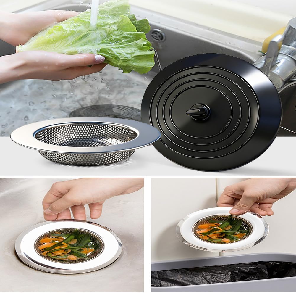Seatery 4PCS Kitchen Sink Strainer Stopper Kit, Universal Silicone Sink Drain Plug Cover, Drain Water Stopper, 4.5 Inch Stainless Steel Sink Drain Strainer, Food Debris Catcher for Kitchen