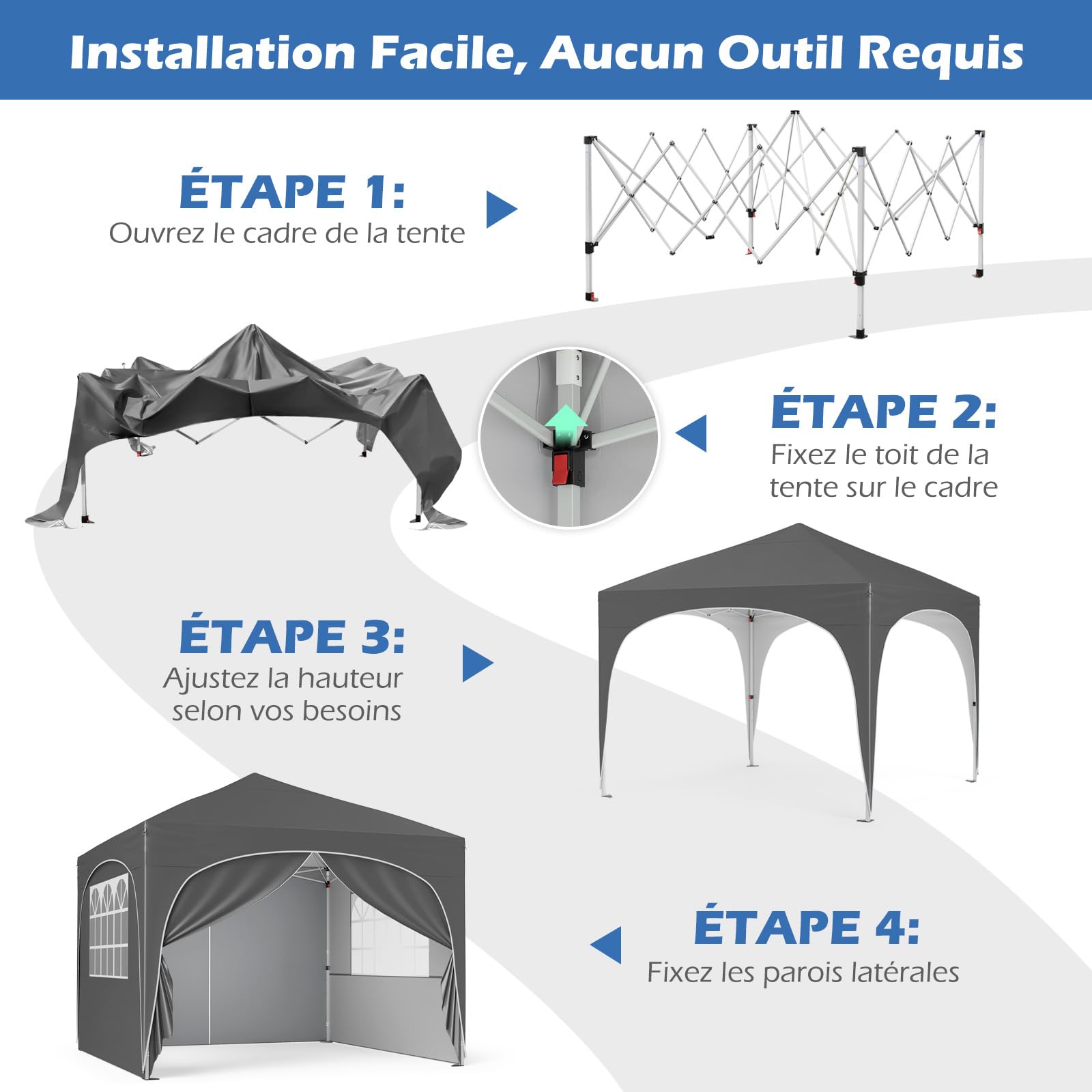 COSTWAY Tonnelle de Jardin Pliante 3x3m avec Parois, Pop up, Protection UV 50+, Imperméable, Tente de Reception Pliable, 4 Côtés et 4 Sacs de Sable, Sac à roulettes, pour Camping Fête (Blanc)