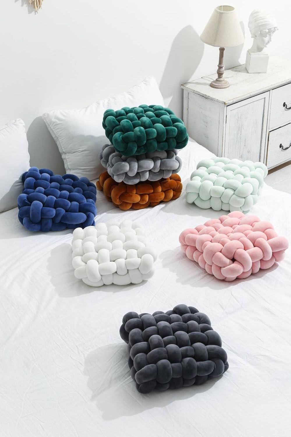 MOJUN Knot Throw Pillow Home Decoration Plush Cushion, Square Handmade Woven Knotted Pillow for Kids Room Sofa Bedroom Living Room Office Decor, Drak Green