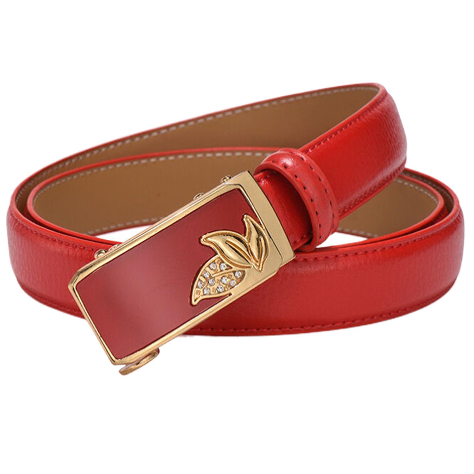 Wrjahcg Unisex A Red Women's Belt Ratchet Fashion, Leather Adjustable Belts For Women With Leaf Pattern Alloy Automatic Buckle,,105Cm/41.3''