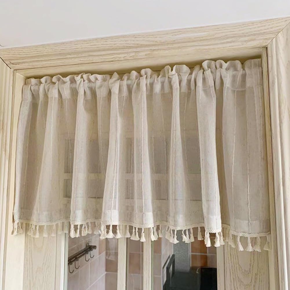 Cortina de Cocina de Lino Boho, Cortinas de Cenefa Semitransparente de Granja, Panel Corto Rústico para Ventanas Pequeñas, Bolsillo para Varilla(Size:H90xW100cm/35x39in)