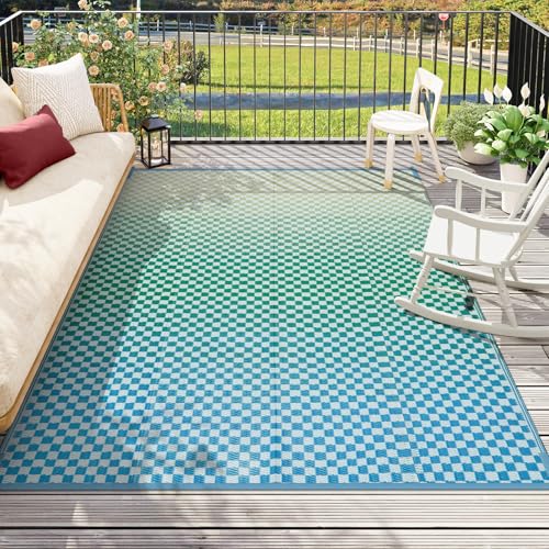 Wonnitar 8x10 Waterproof Outdoor Rugs - Blue Yellow Ombre Checkered Patios Rug, Large Reversible Plastic Straw Mat for Camping RV Balcony, Portable Colorful Outdoor Deck Rug