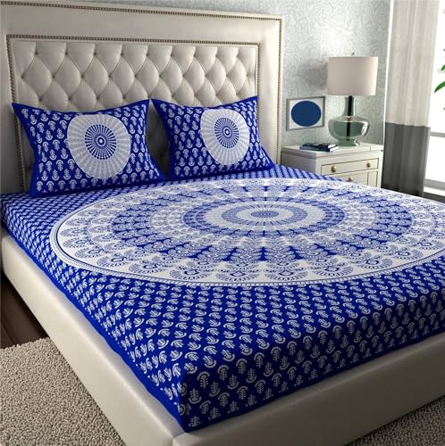 Image of KOUNDAL Rajasthani Jaipuri Sanganeri Printed 144 TC 100% Cotton Bed Sheet Set for Double Bed,Floral Print, Double Bedsheet Cotton with 2 Pillow Covers (Blue(Floral), King)
