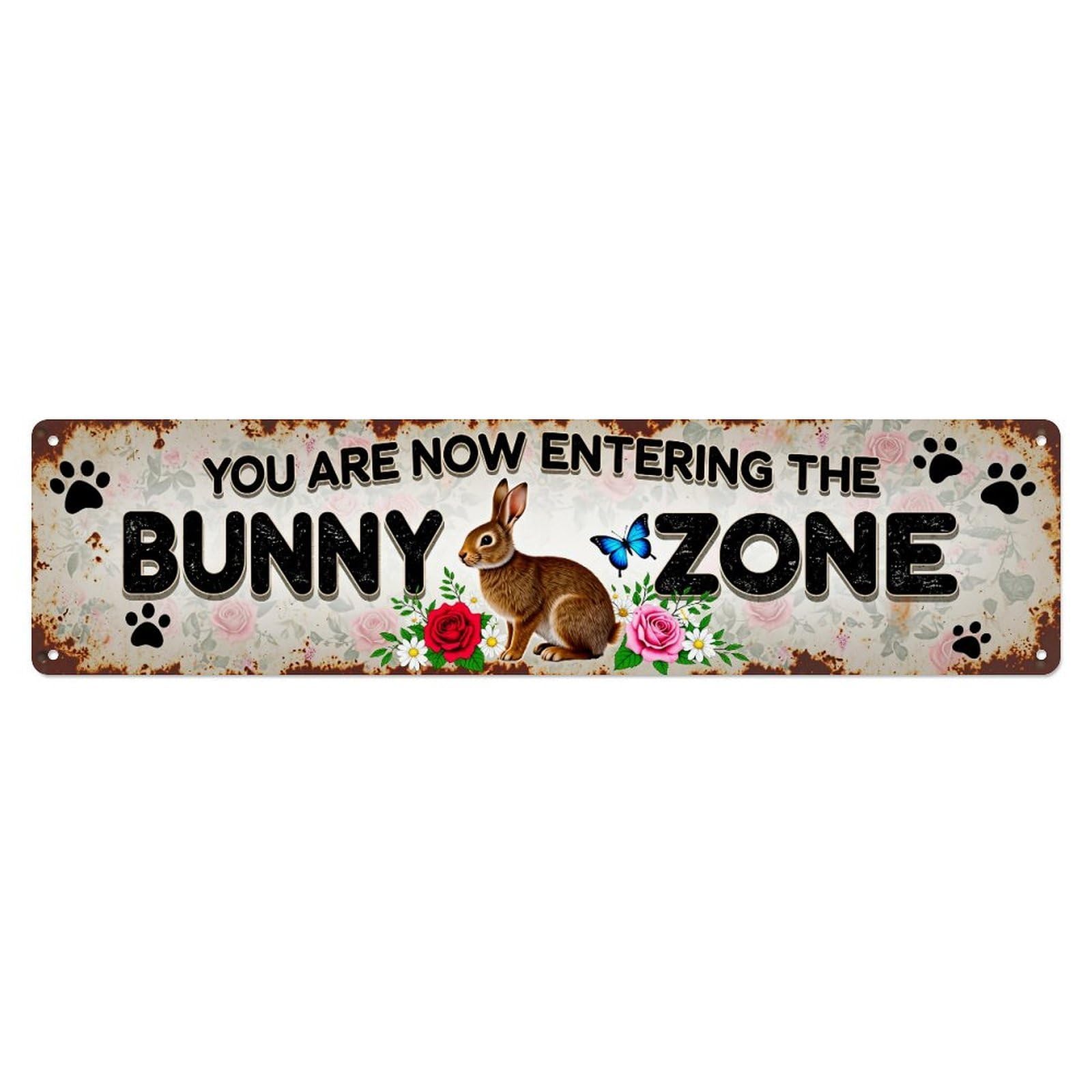 Bunny Zone Sign With Flowers Metal Tin Sign Plaque