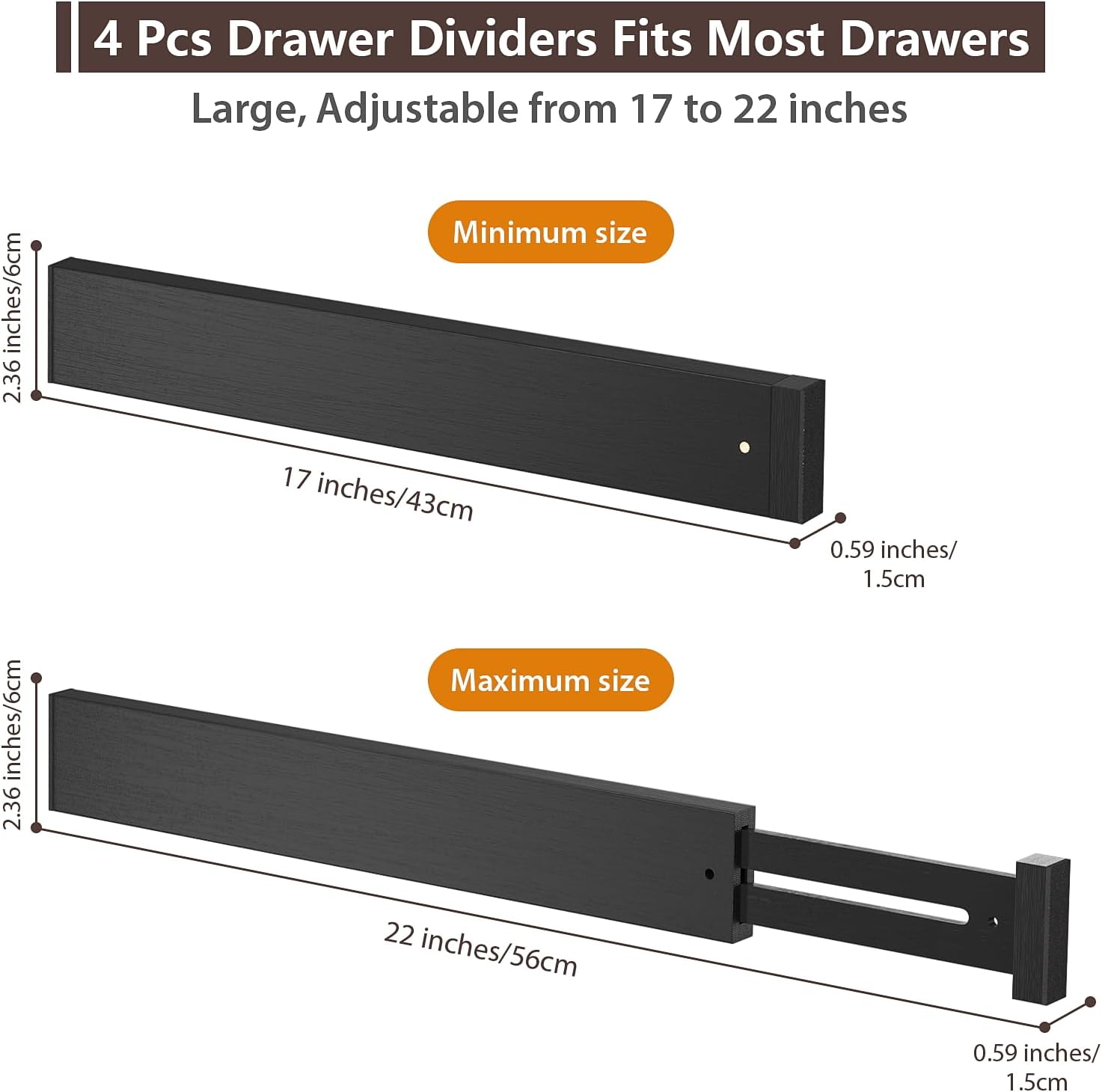 DUCOO 4 PCS Drawer Divider, 17"-22" Adjustable Bamboo Drawer Dividers Organizers, Expandable Separators for Kitchen, Clothes, Dressers, Home, Office, Black