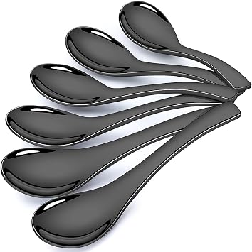 AOOSY Stainless Steel Black Soup Spoons,Asian Soup Spoon,Set of 6 | Heavy Duty Thick Short Handle Ramen Spoon for Soup Cereals,6.3 In,Korean Spoons