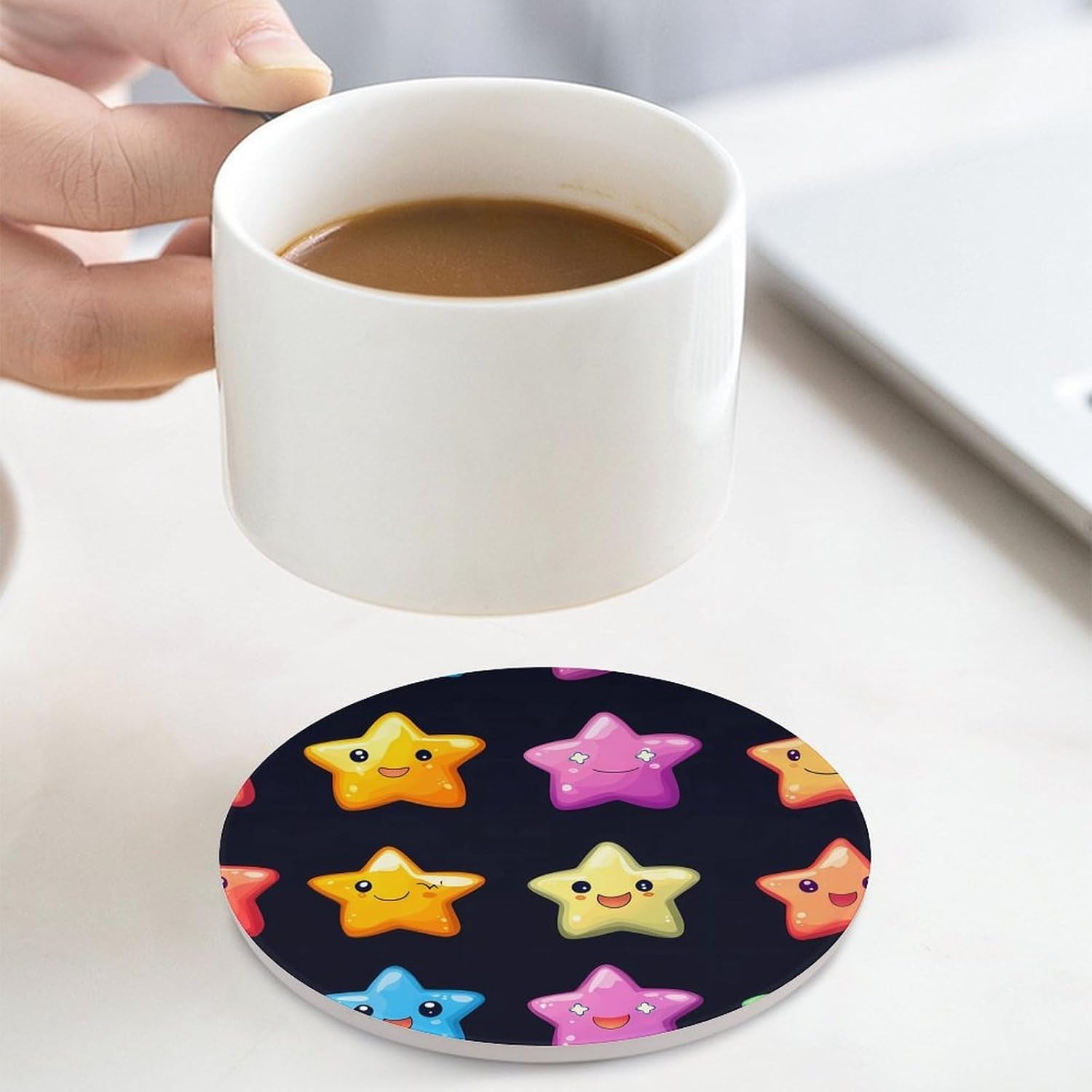Colorful Stars Coasters for Drink Round Ceramic Coaster with Cork Base Home Decorative 4PCS