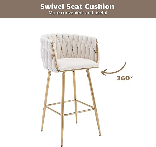 Miniatura 36 de HEAH-YO Juego de 2 taburetes de bar giratorios, taburetes de bar ajustables de altura de mostrador con respaldos tejidos y base dorada estable,