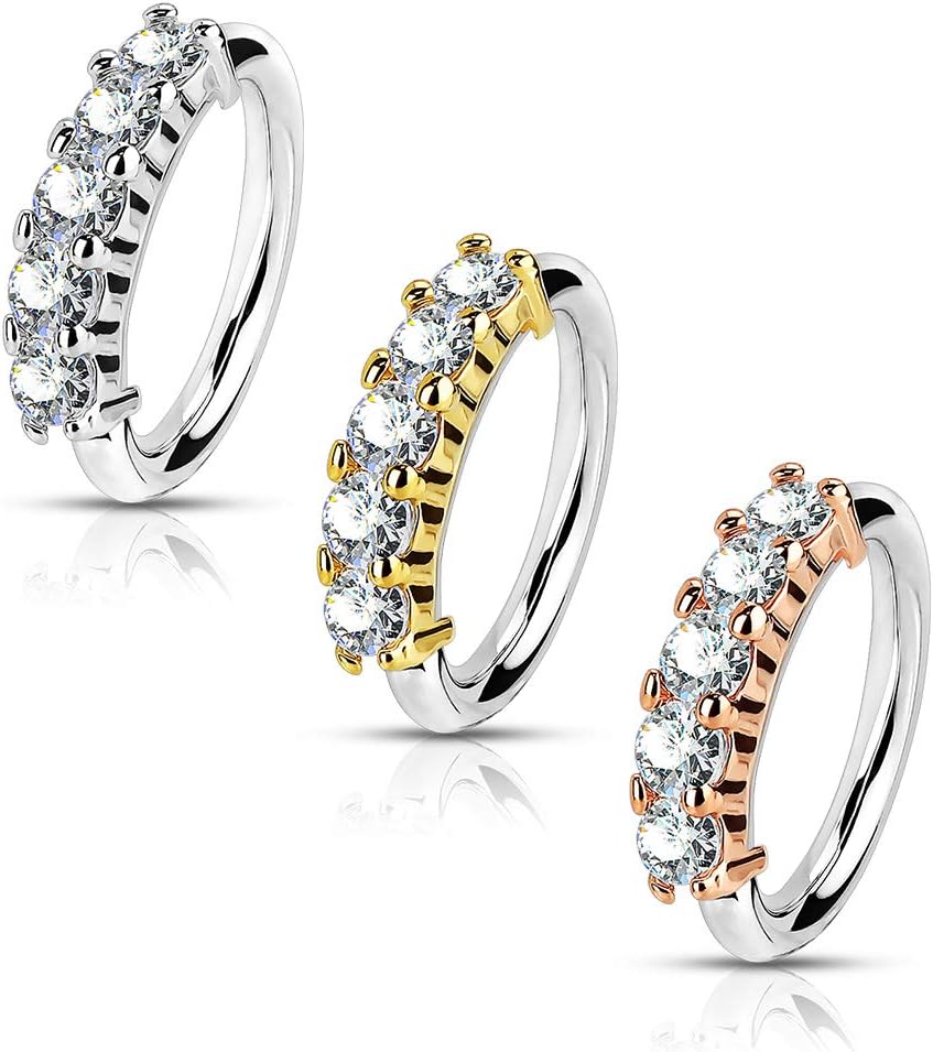 SPARKLE XOXO Set of 3 Nose Hoops Bendable Rings with Five Prong Set Gems in 316L Surgical Steel 20g (Gold Rose Gold Silver)