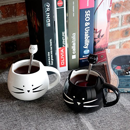 Teagas Cat Coffee Mugs For Crazy Cat Lady - Black & White Ceramic Cat Coffee Mugs And Cute Cat Spoons Set For Coffee Tea 12Oz #TOP3