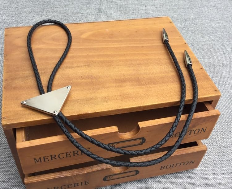 Modern Bolo Tie for Men Women, Inverted Triangle Metal Pendant, Adjustable Black Leather Rope Shirt Tie Cowboy Necklace