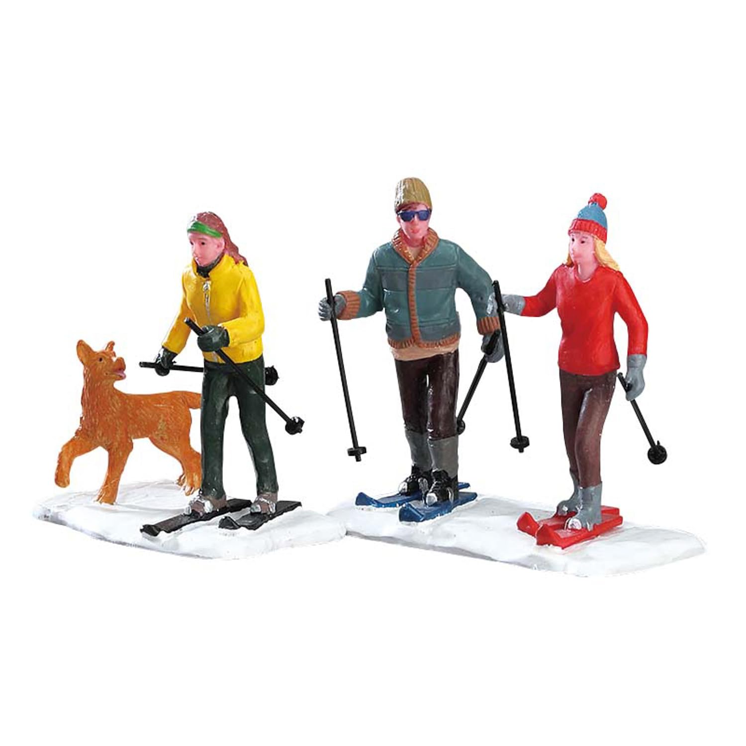 LEMAX Build your village set figurines skiers with dog 14.5x4.5x7.5hcm
