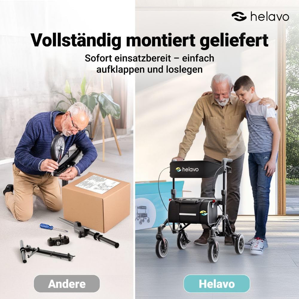 Helavo leichter Reiserollator mit Sitz & platzsparendem Klappmechanismus | Einfacher Transport dank ultrakompakter, doppelter Faltfunktion - Inkl Transportrucksack - Vollständig Aufgebaut - Nur 8,5 kg