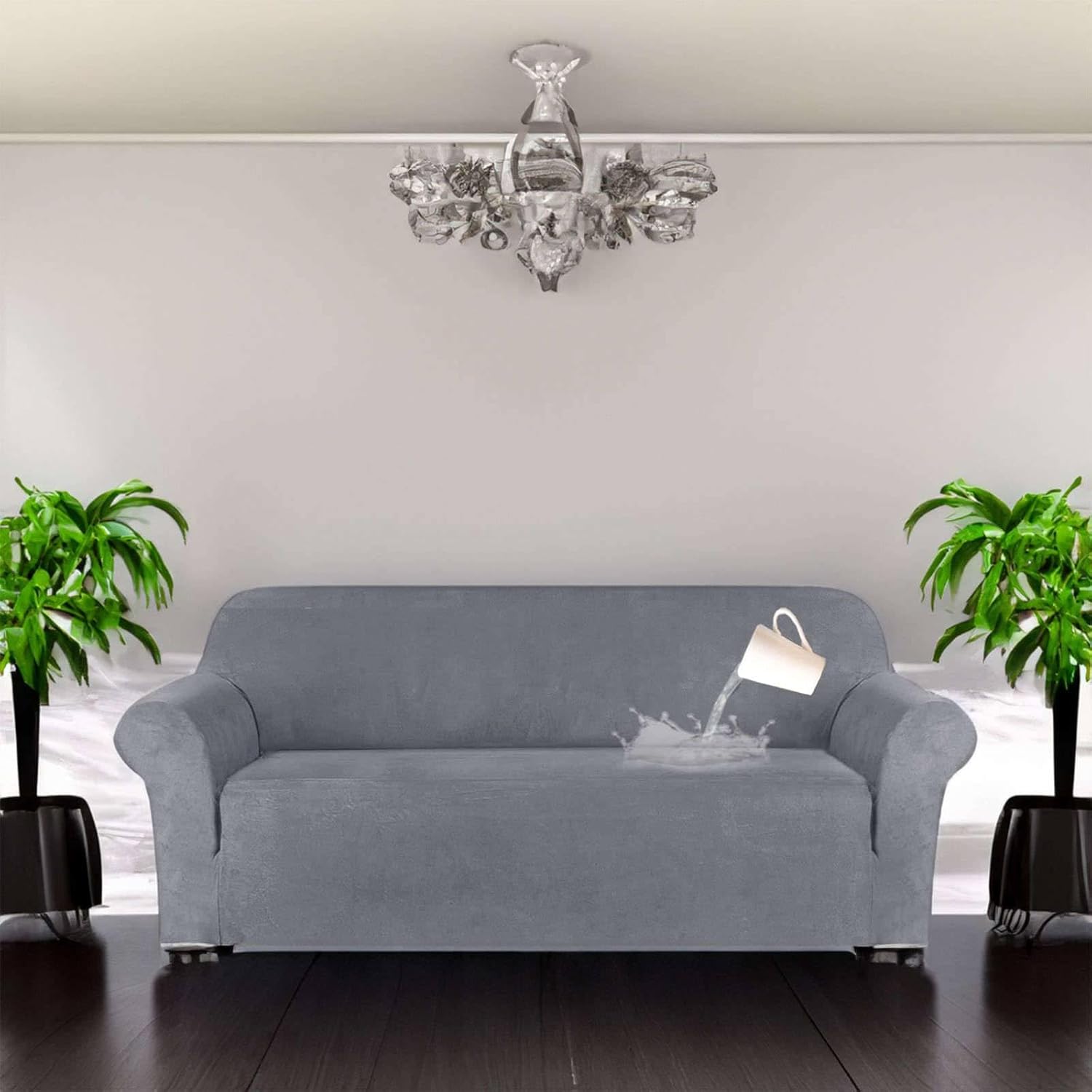 ソファカバー、ベルベットスエードストレッチソファカバー 4人掛け 滑り止めソファースリップカバー ゴム底家具プロテクター付き 洗濯可