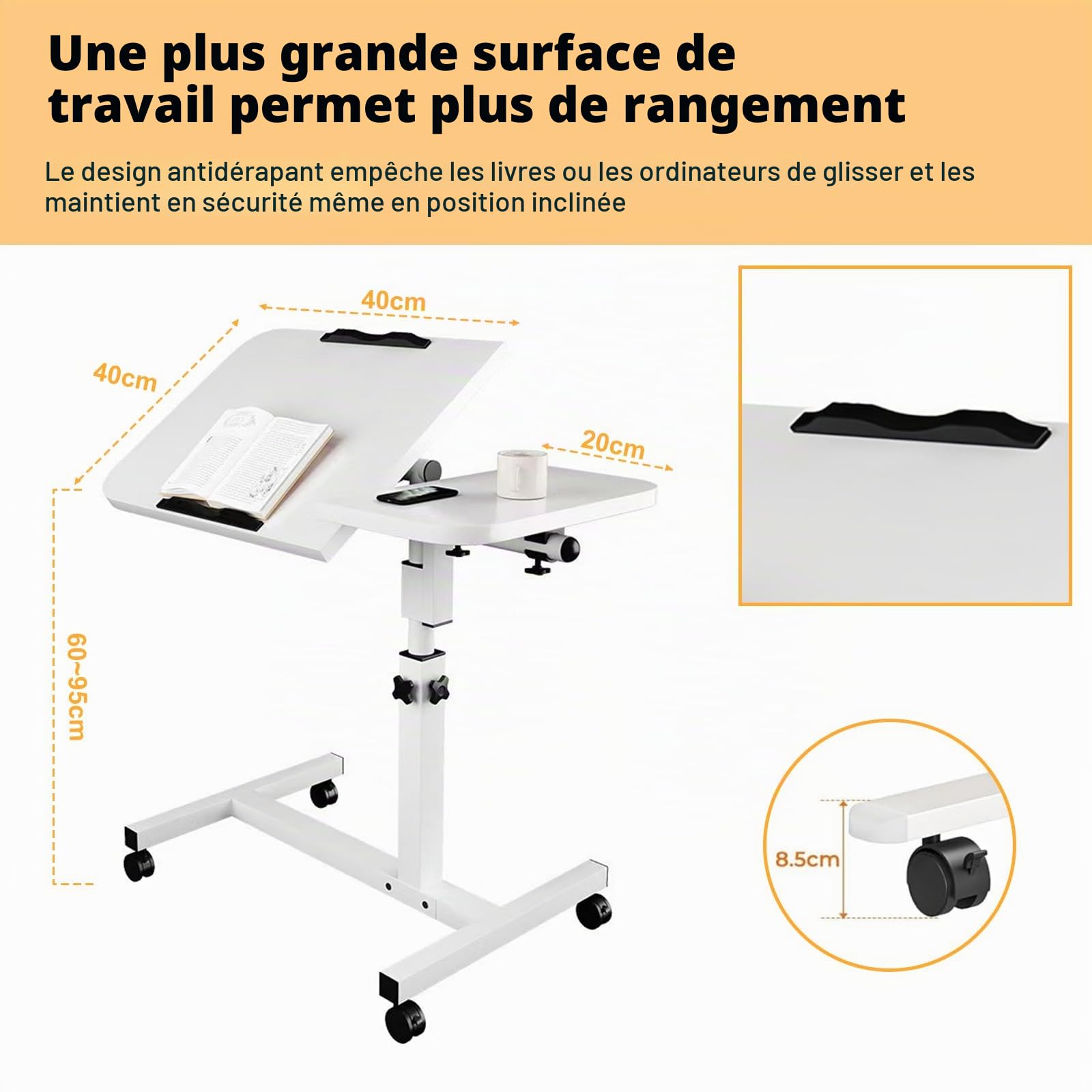 Bureau avec Roues, Bureau Table Informatique, Table de lit Roulette Réglable en Hauteur Table Roulante pour Lit Canapé avec Bandes Antidérapantes, Pliable 60X40CM Blanc