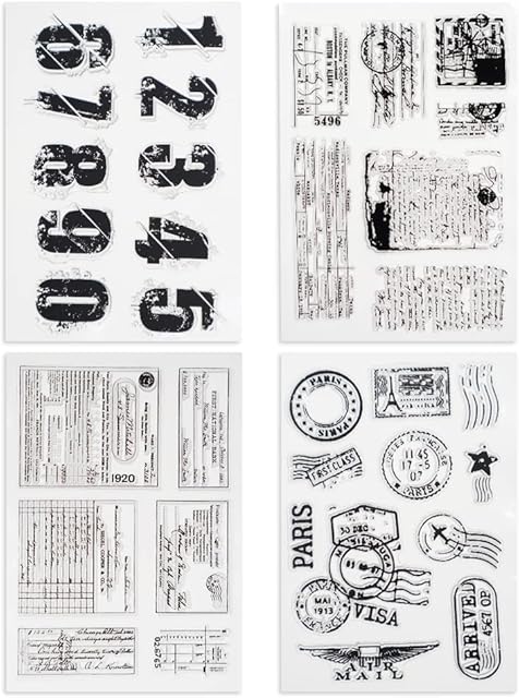 Modixun 4 Themes 34Pcs Clear Stamps, Retro Rubber Clear Stamp, Transparent Silicone Clear Stamps Seal for DIY Scrapbooking Card Making Decoration, Style A