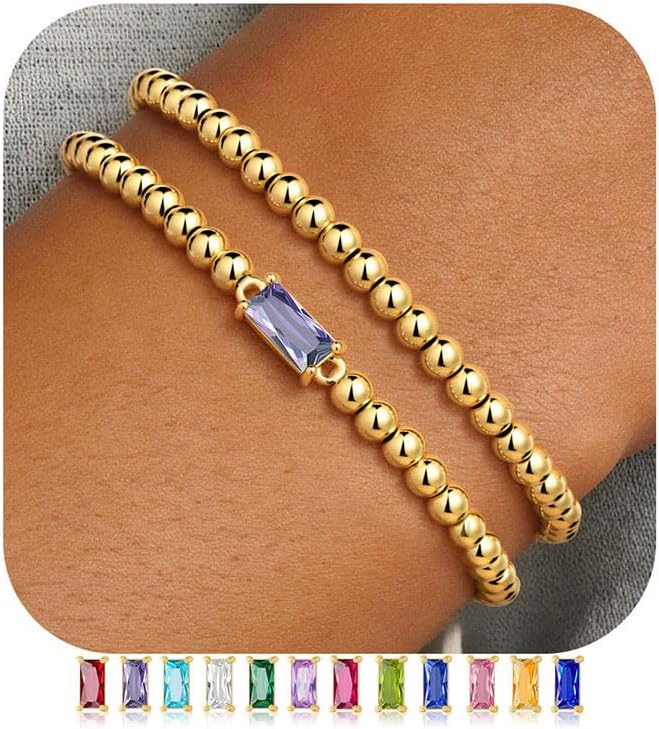 Ursteel Dainty Birthstone Bracelet for Women, Elastic 14K-Gold-Plated Beaded Bracelet Non Tarnish Stretch Beaded Bracelets Trendy Birthstone Jewelry Birthday Gifts for Women