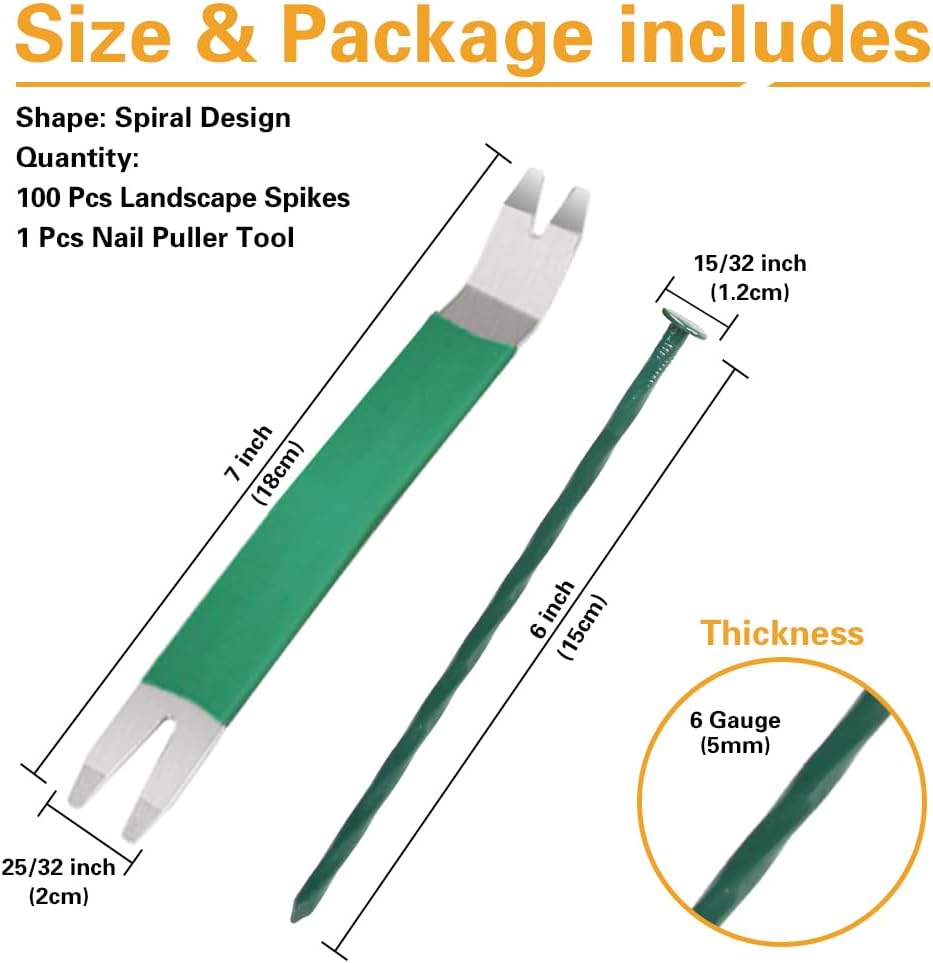 Bakulyor 100 Pack Metal Landscape Stakes, 6 Inch Artificial Turf Spikes, 6 Gauge Large Landscaping Nails, Green Edging Anchoring Staple for Garden Ground Grass Lawn Paver Timber Border Weed Barrier 6"