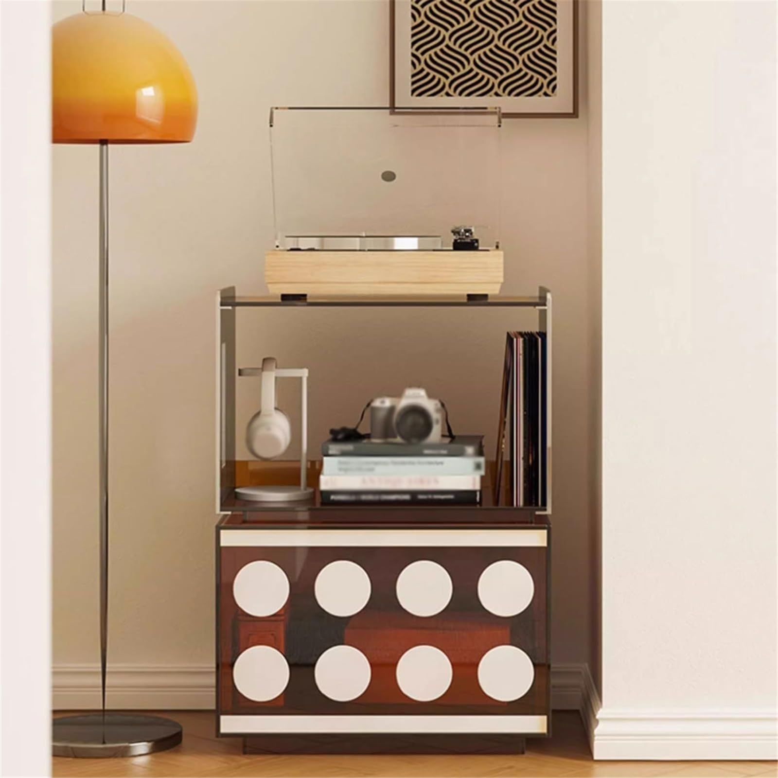 Rack per dischi Comodino in acrilico con libreria e cassetto, porta dischi in vinile di lusso leggero