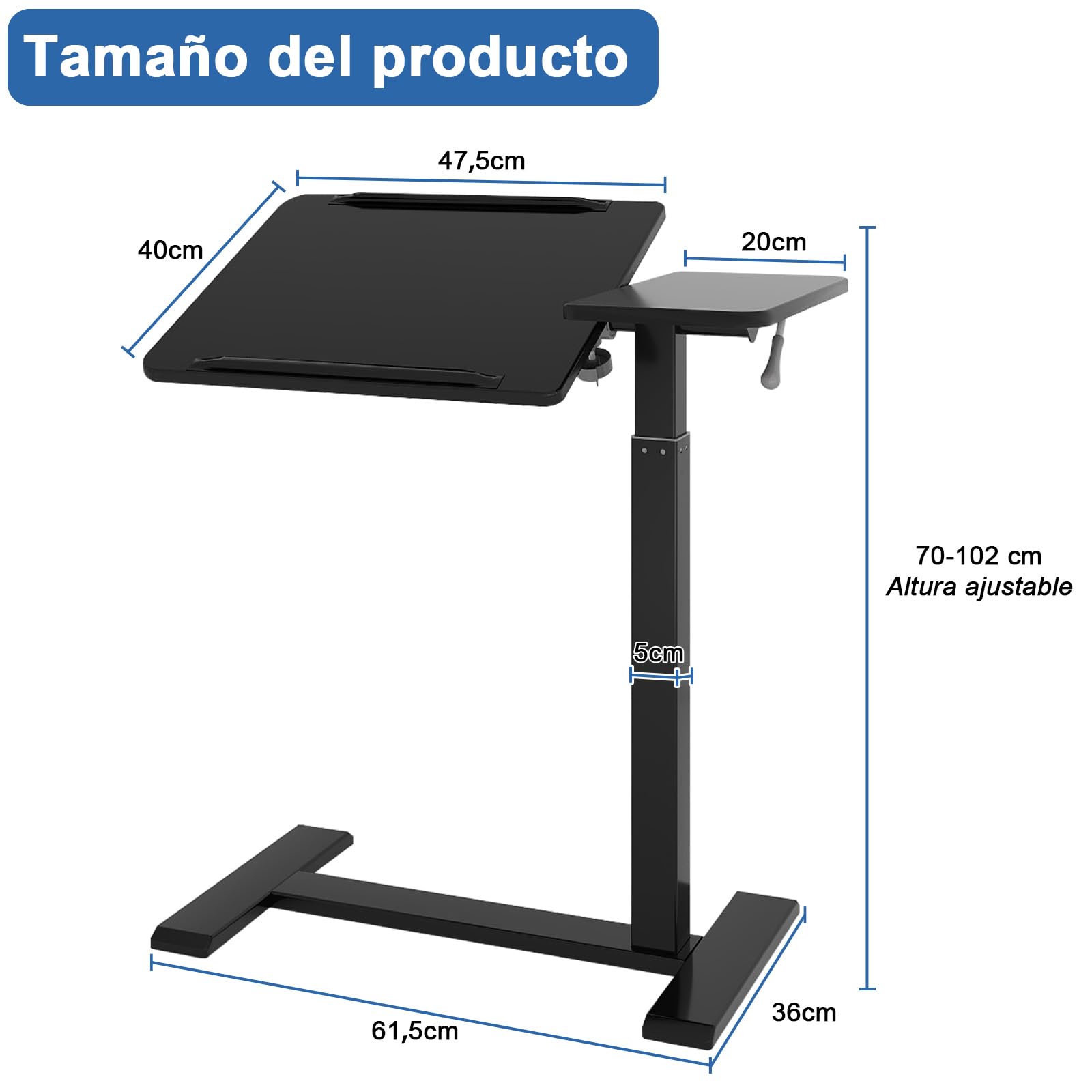 PUNCIA Mesa Auxiliar con Ruedas para Portátil Ajustable 70-102cm Negro | Escritorio Elevable de Pie para Sofá Cama Tablero Inclinable Mesa Lateral Regulable en Forma de C Estación de Trabajo Móvil