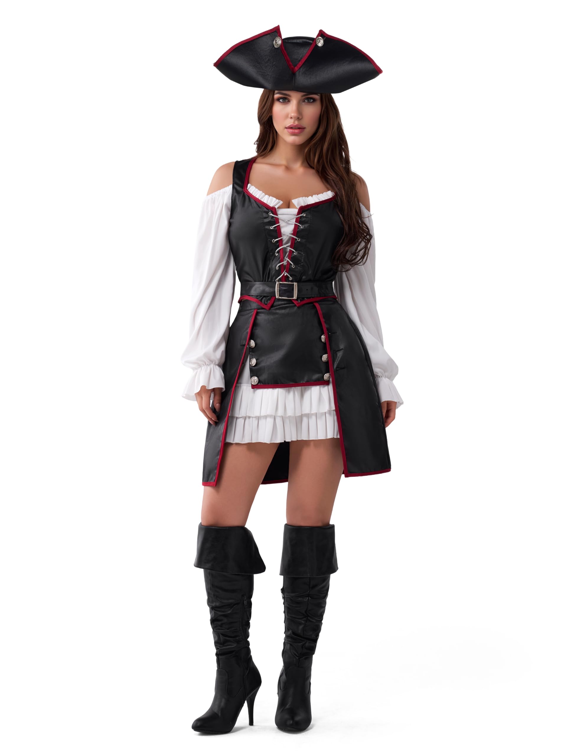 Spooktacular Creations Déguisement de pirate d'Halloween pour femme, tenue de pirate Renaissance avec chapeau et ceinture pour soirées cosplay à thème
