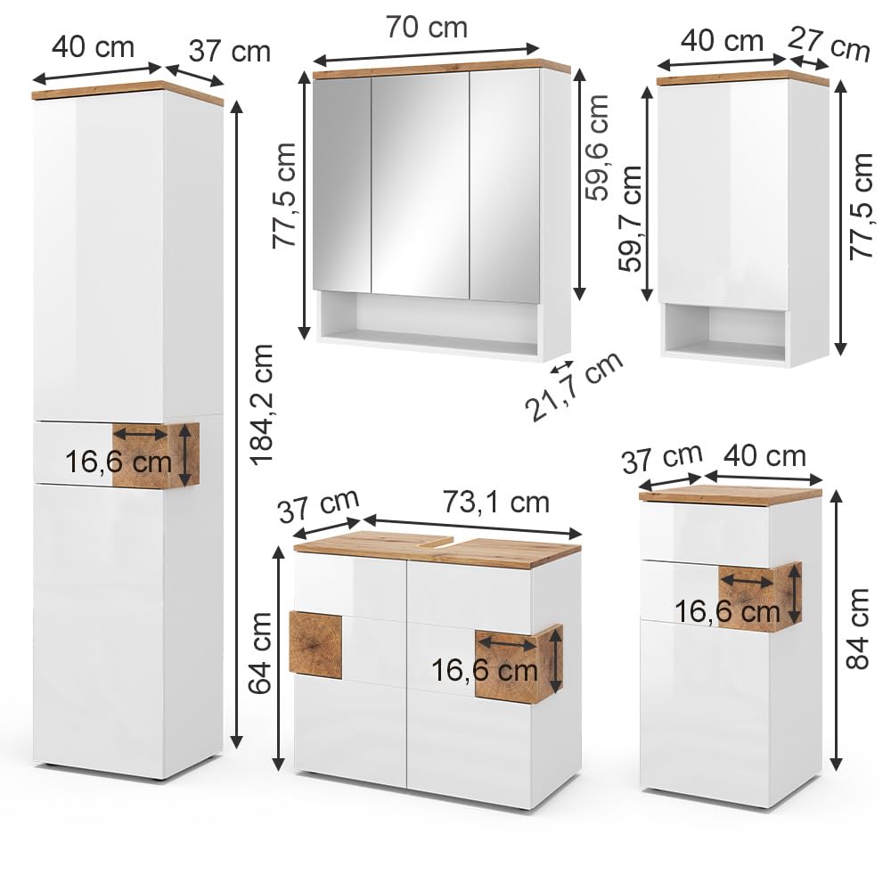 Vicco Badmöbel-Set Eden, Weiß Hochglanz, 73 cm, besteht aus Waschbeckenunterschrank, Spiegelschrank, Hochschrank, Midischrank und Hängeschrank