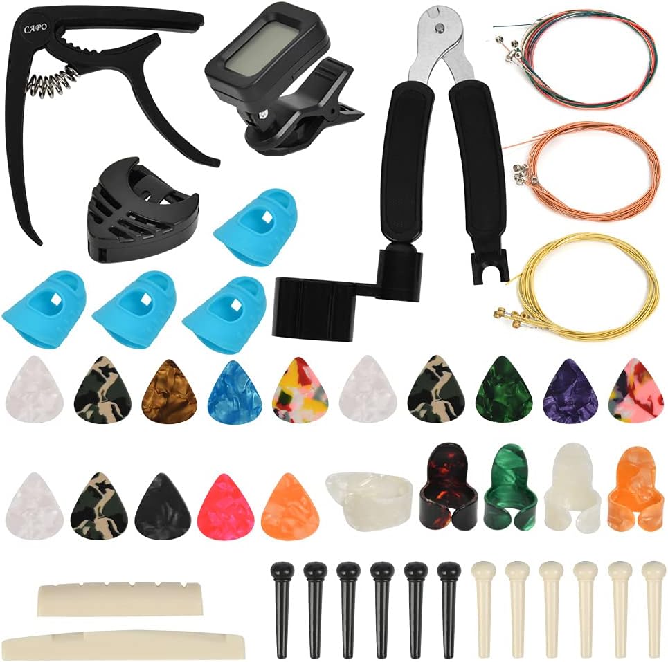 Guitar Accessories Kit Guitar Tool Changing Kit Include Acoustic Guitar Strings, Capo, String Winder, Picks, Pick Holder, Bridge Pins, Nuts & Saddles, Finger Protector, Finger Picks