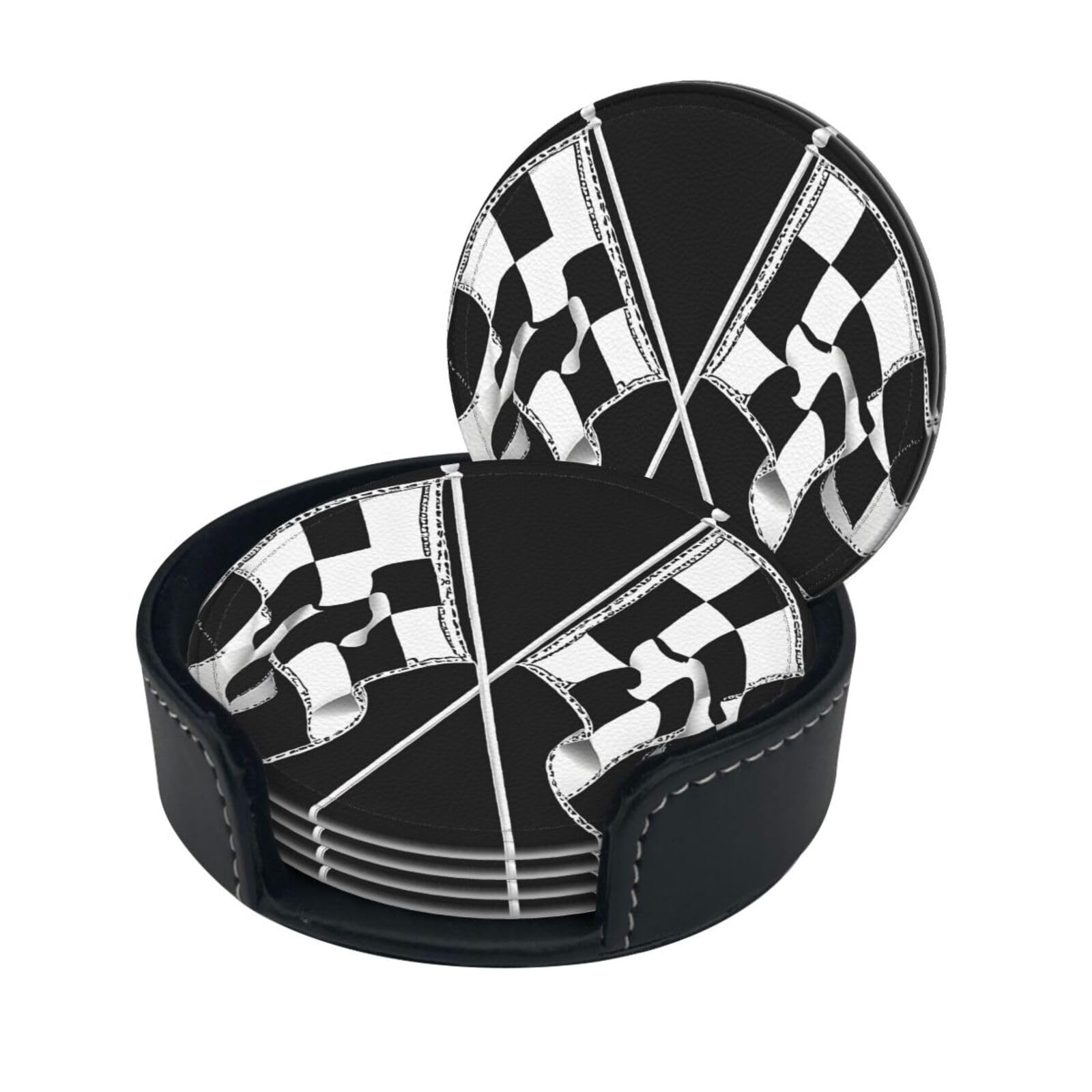 Black White Formula Checkered Flags Pattern Printed Leather Coasters (6-Pack) - Heat Resistant Drinks Cup Mat Pad for Home and Office Decor