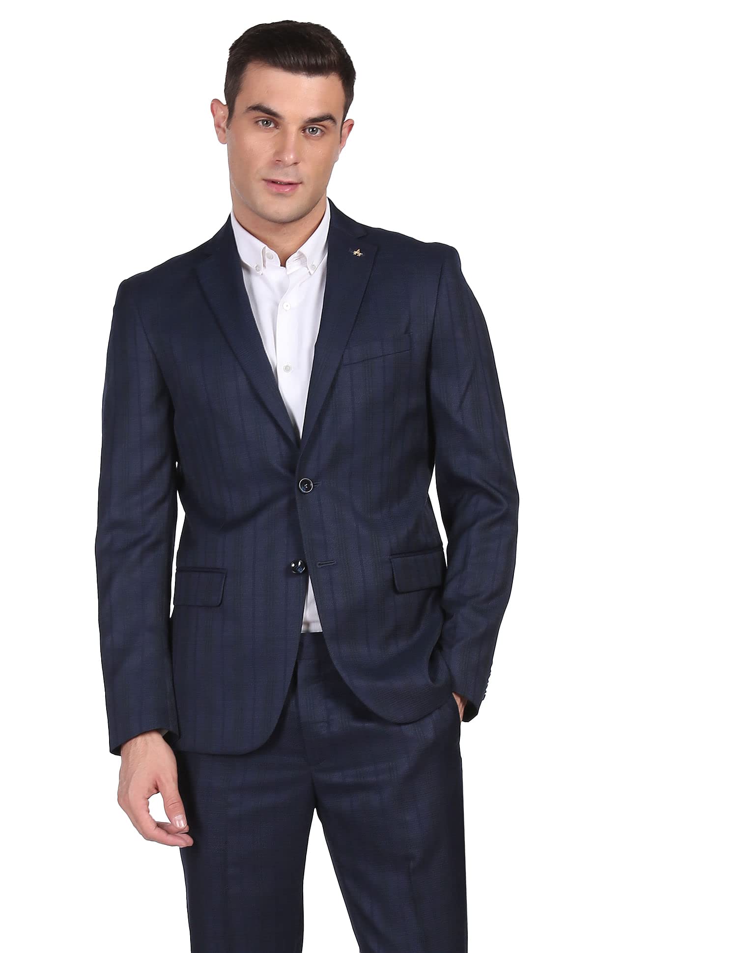 arrow Polyester Men Dark Blue Tailored Fit Self Design Two Piece Suit Business Pants Set-picture-36
