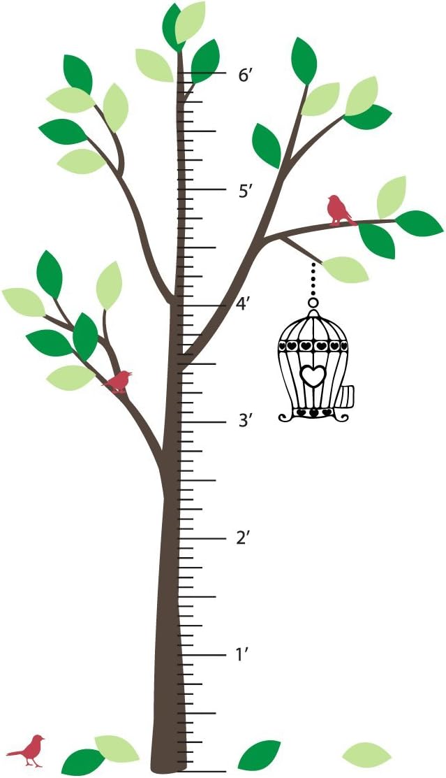 Growth Chart Tree Wall Decal Sticker for Kids Height Ruler with Birdcage and Birds Vinyl Transfer (Dark Brown, Greens, Red, 80x46 inches)