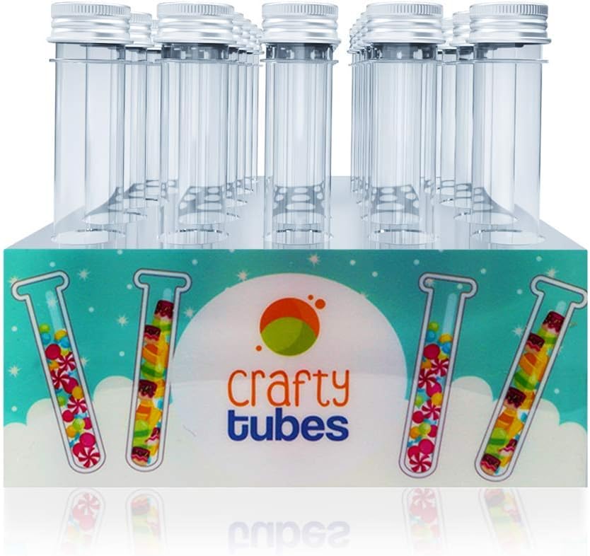 Crafty Tubes 25 Ultra Long Clear PET Plastic Test Tubes Beaker Set with Thin Rack Holder, Wire Brush,Caps & 32 Labels, 25mm x 178mm (60ml) - Science, Shot, Beads, Candy, Containers & Craft Storage