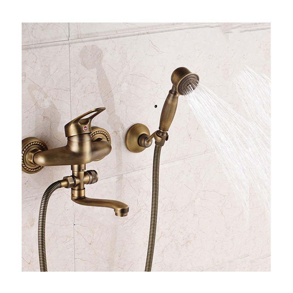 GLJTUO Antique Brass Bathtub Faucet with Cold and Hot Water Wall Mounted Bathtub Shower Tap Single Handle Bathtub Faucet Set with Bathtub Spout, Handheld Shower,16cm spout B,16cm Spout B