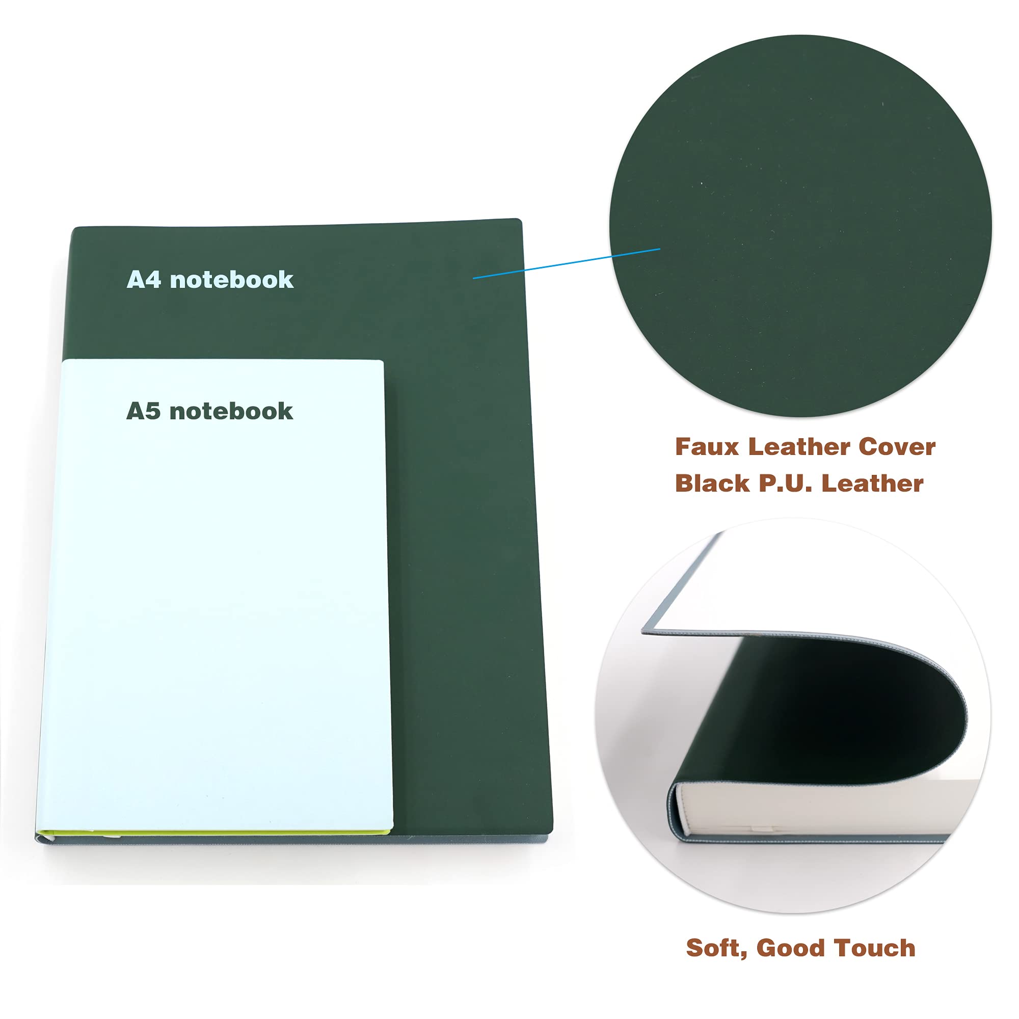 Grand carnet de notes épais, papier ligné, A4 21,3 x 29 cm, 416 pages, couverture en similicuir souple (vert, ligné)
