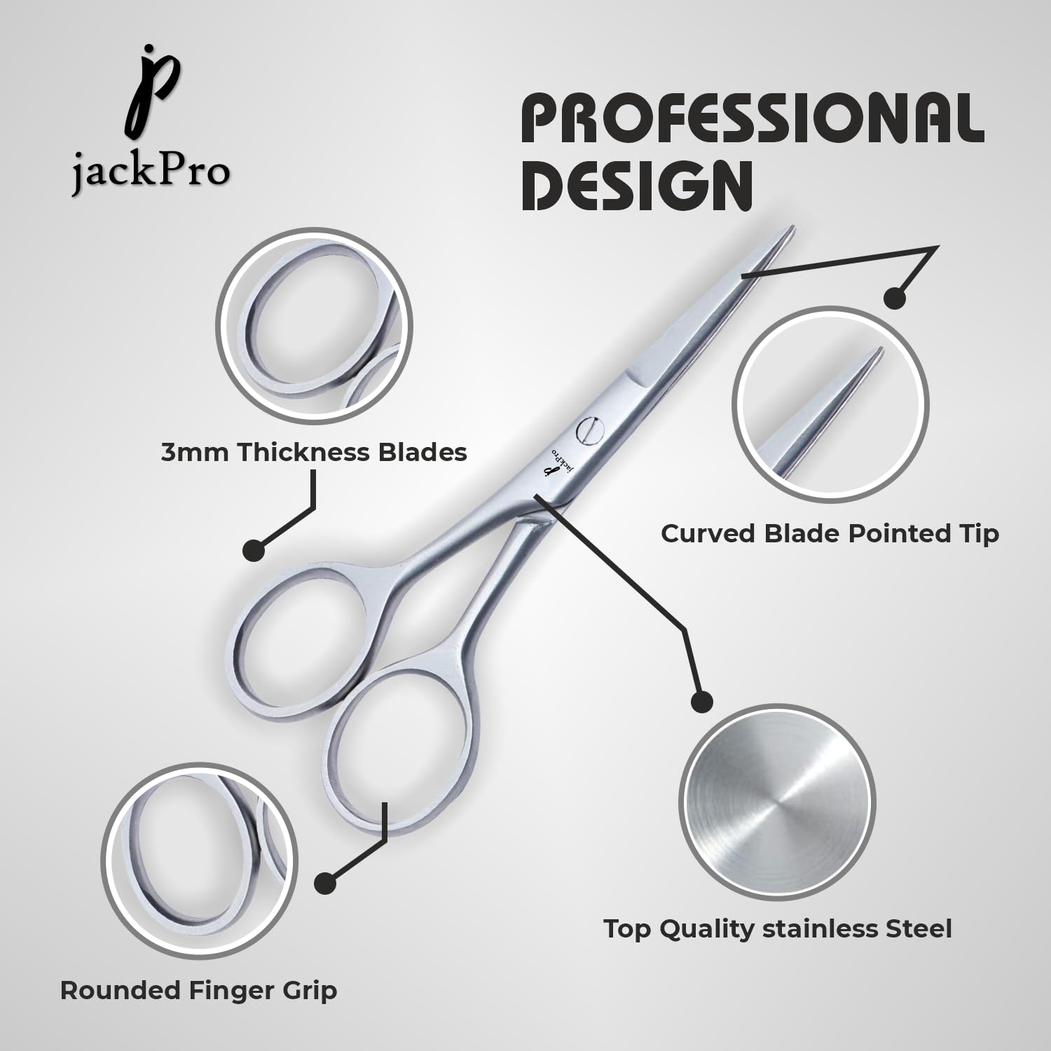 jackPro 4 Inch Beard and Mustache Hair Cutting and Trimming Scissor, Professional Stainless Steel Scissors for Beard, Mustache Eyebrow Nose Hair
