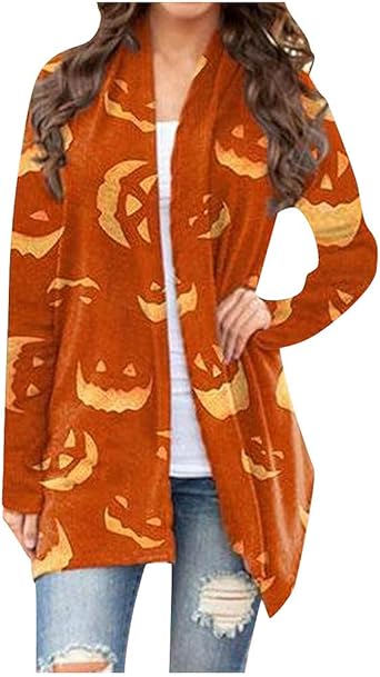 Xmiral Halloween Cardigan Women Outwear with Pumpkin Pattern Thin Long Sleeve Without Neck Long 
