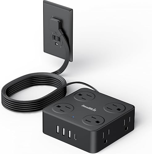 Miniatura 9 de Regleta de alimentación de 10 pies con protector de sobretensión, 8 tomas, 4 puertos USB, cable de extensión de enchufe plano, estación de carga
