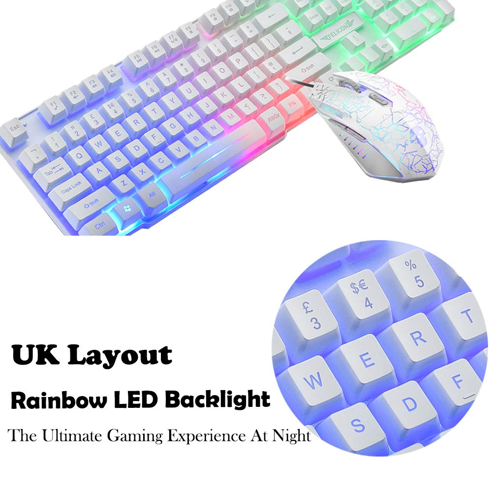 set di tastiera e mouse per videogiochi, tastiera e mouse con retroilluminazione a LED arcobaleno,con 6 pulsanti 2400DPI, mouse ottico arcobaleno e tappetino per mouse