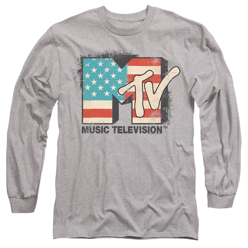 MTV American Logo Mens Long Sleeve T Shirt, Athletic Heather, Large Charcoal