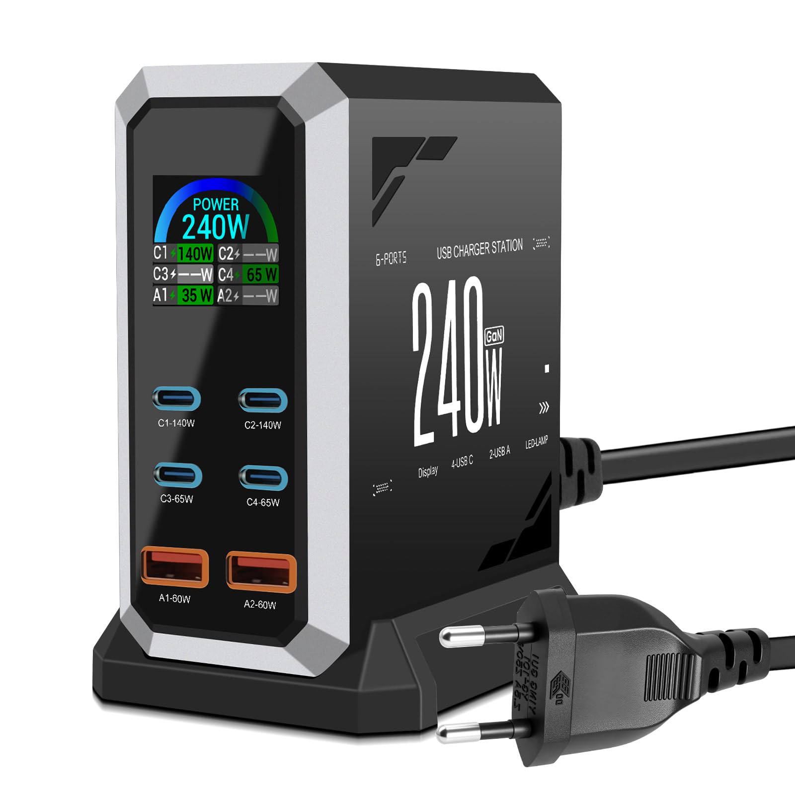 Chargeur USB C 240W Multiport, Station de Charge Rapide à 6 Ports avec 4 USB C + 2 USB A pour MacBook Pro/Air, iPad/iPhone 15 Pro/Samsung, etc