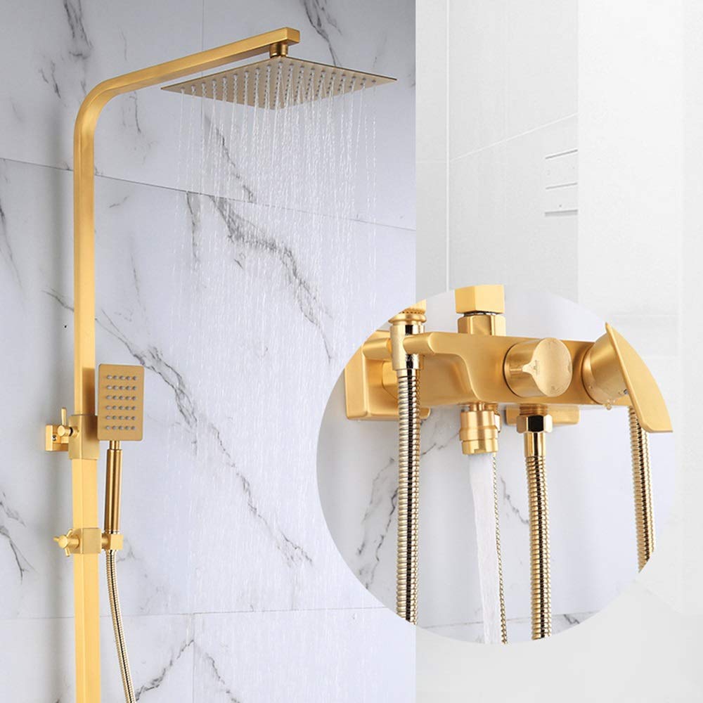 Robinet de douche à tube carré et ciel de pluie super chargé doré mat avec pistolet pulvérisateur