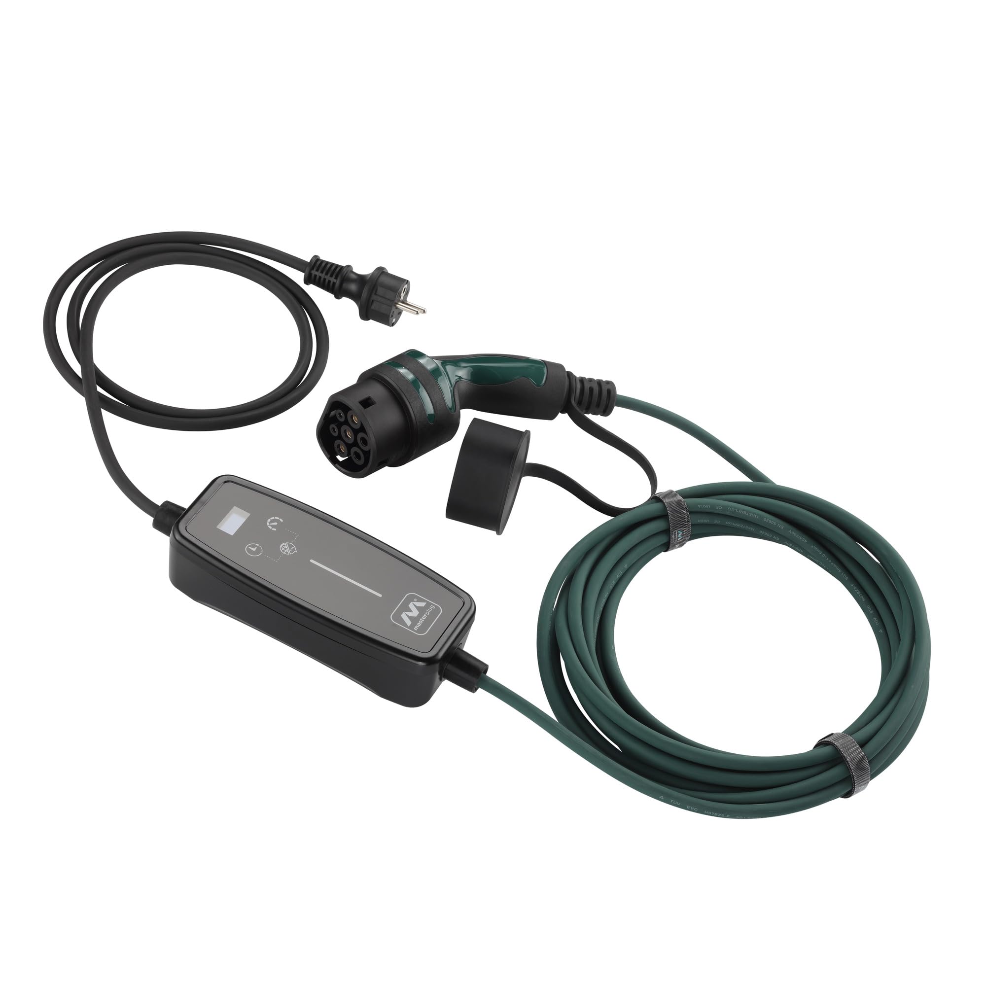 Masterplug Cable de Carga VE para Vehículos Eléctricos e Híbridos, 5 Metros, Modo 2, Enchufe Schuko de 3 Pines EU a Cargador de Coche Tipo 2, 2,3kW, 10A, EVCM221005G/EU