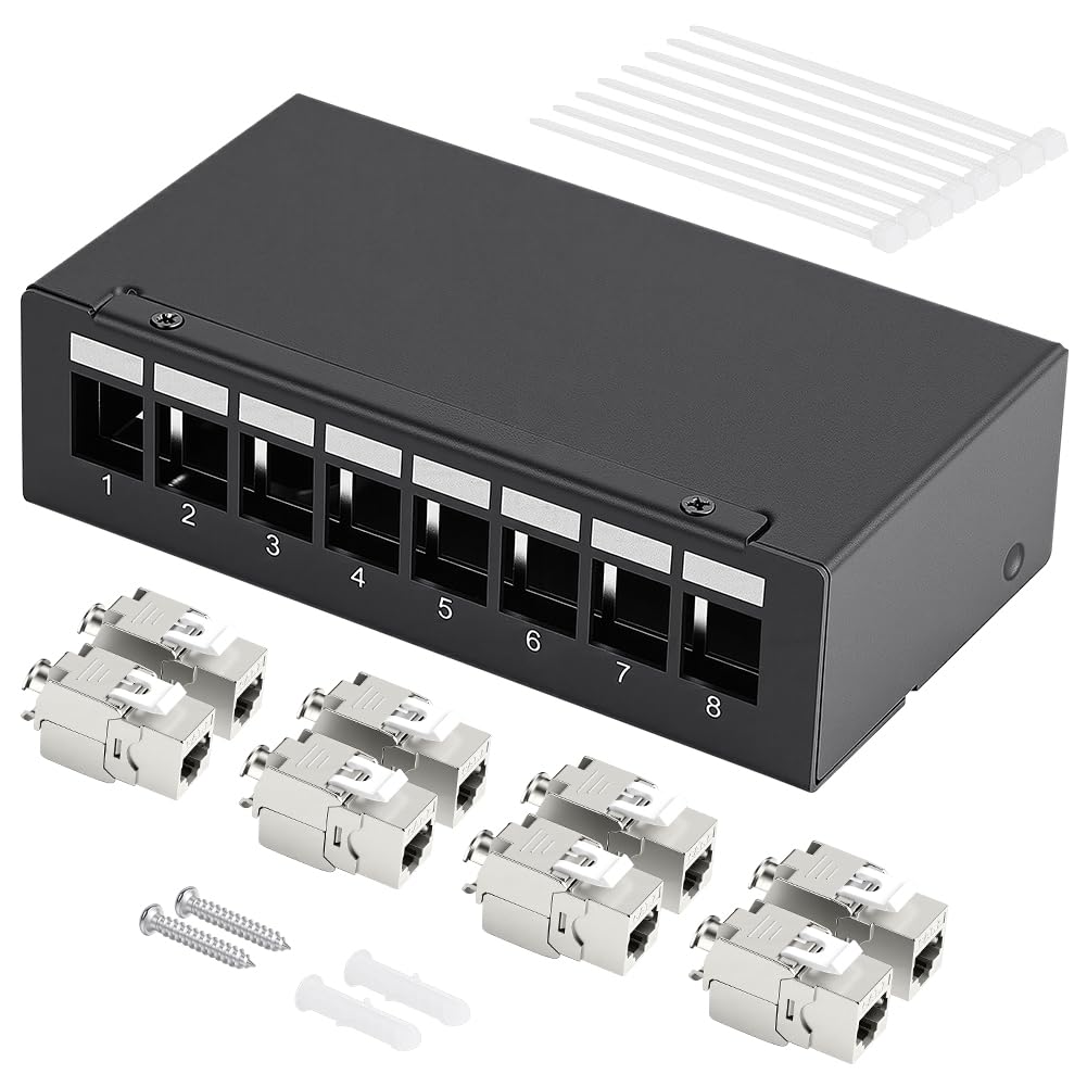 AXFEE Panneau De Brassage Kit 8 Ports, Panneau De Brassage RJ45 CAT 7 avec 8xRJ45 Modules Keystone Jack, 10 Gbit/s panneaux de brassage muraux Compatible avec Câble de Pose CAT6 CAT6a CAT7 LAN Réseau