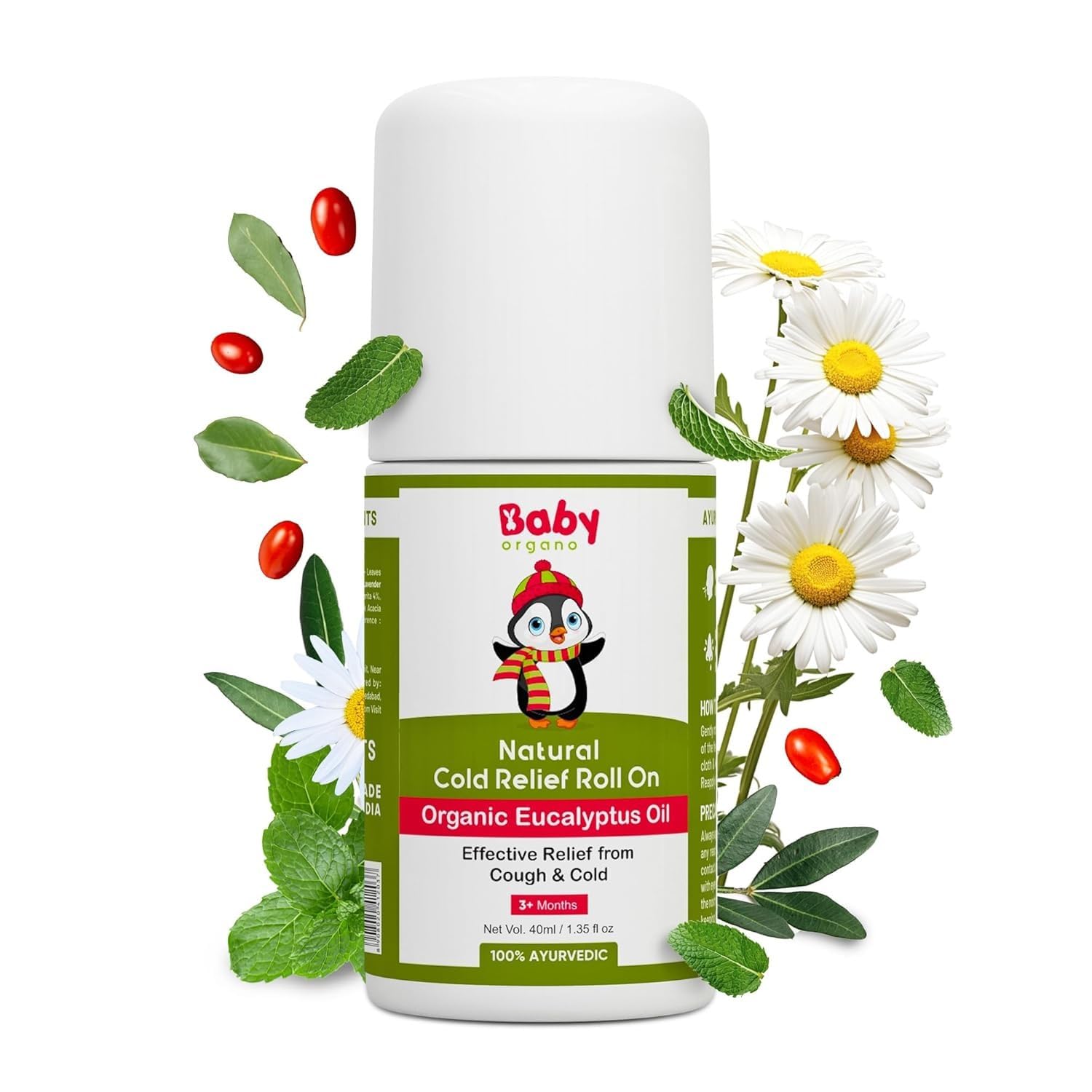 Baby Organo Natural Cold Relief Roll On with Organic Eucalyptus Oil for Cold and Cough l Nose Block l Chest Congestion 40ml