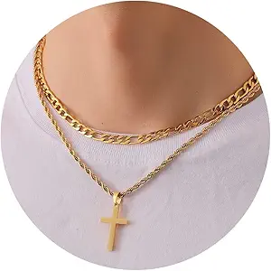 P.BLAKE 2 Pcs Cross Necklace With Chain for Men Boys, Layered Mens Stainless Steel Figaro Link Rope Chain 16-24 Inch Christian Religious Cross Pendant Necklaces Jewelry Gifts