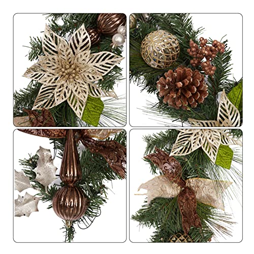 6ft Christmas Garland, Pre-Lit Xmas Garland with Lights, Battery Powered Christmas Garland with Pine Cones, Berries, Bows, Flowers, Ball Ornaments for Fireplace Mantle Decor, Brown