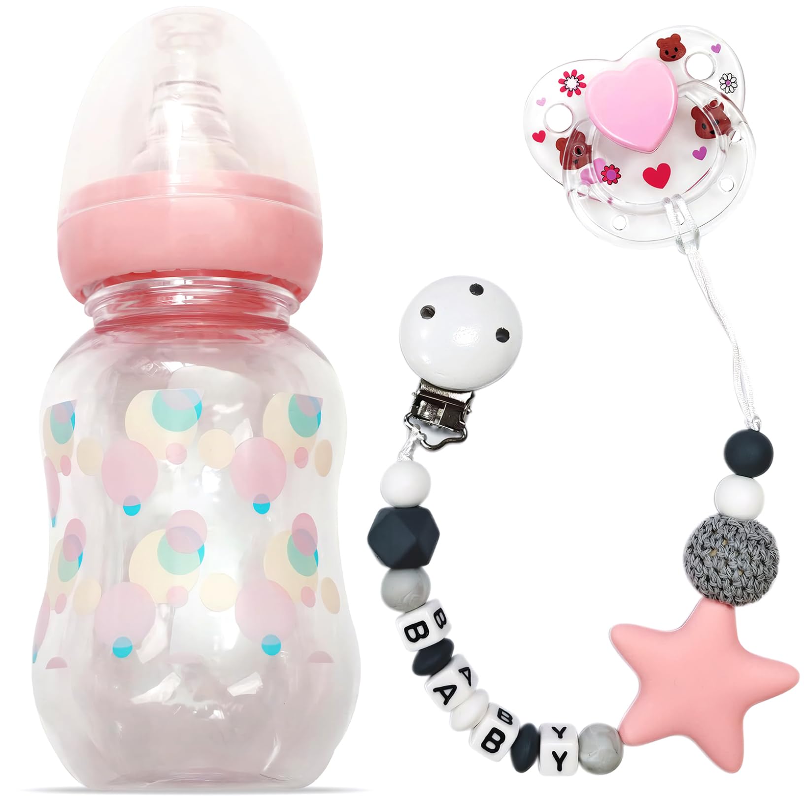 3Pcs Baby Doll Accessories Set, Includes Baby Doll Bottles, Magnetic Pacifier and Pacifier Chain Toy Set Feeding for Accessories.
