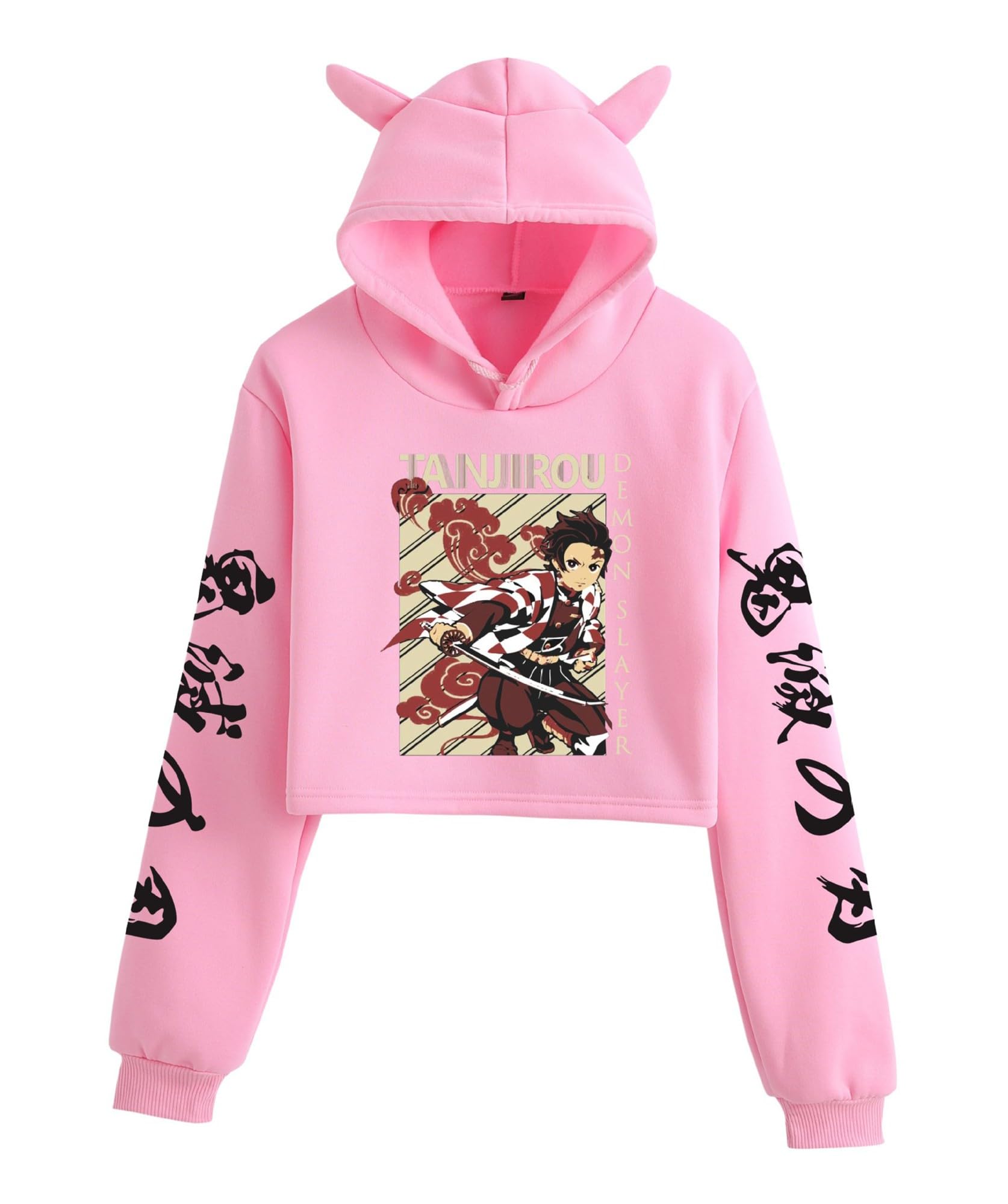 Anime Cropped Hoodies Women's Graphic Crop Top Sweatshirt Long Sleeve Pullover Girls Cute Cat Ears Hooded Sweaters