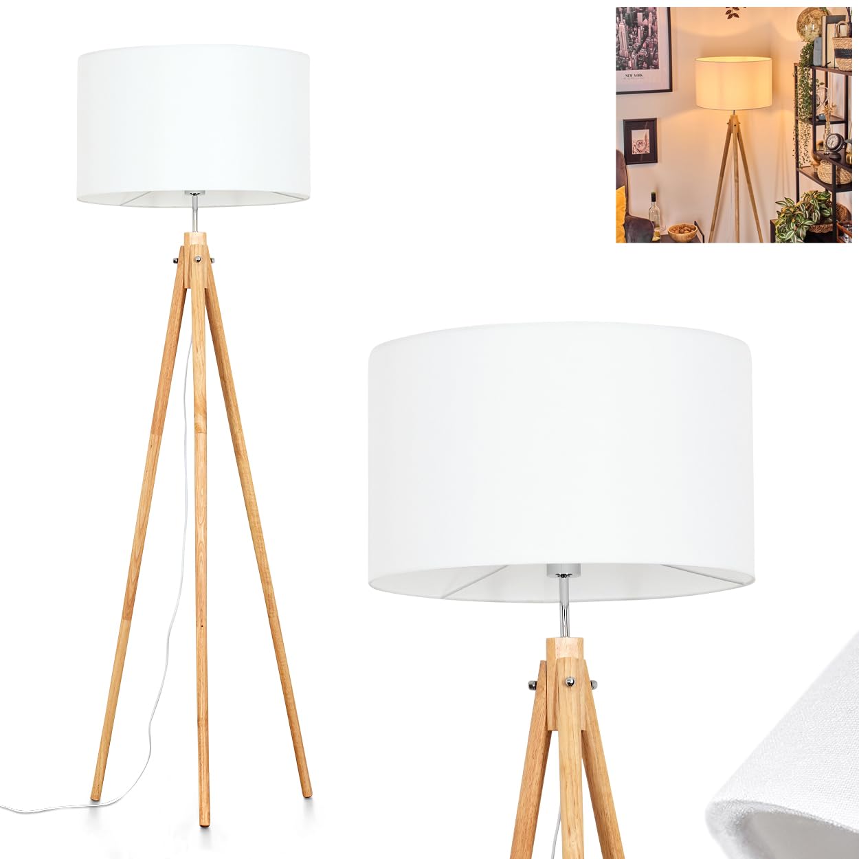 Stehleuchte Flemming, Stehlampe aus Holz/Stoff in Naturfarben/Weiß, Leuchte im skandinavischen Design mit rundem Schirm (Ø 50 cm) u. Fußschalter, Höhe 162 cm, 1 x E27, ohne Leuchtmittel