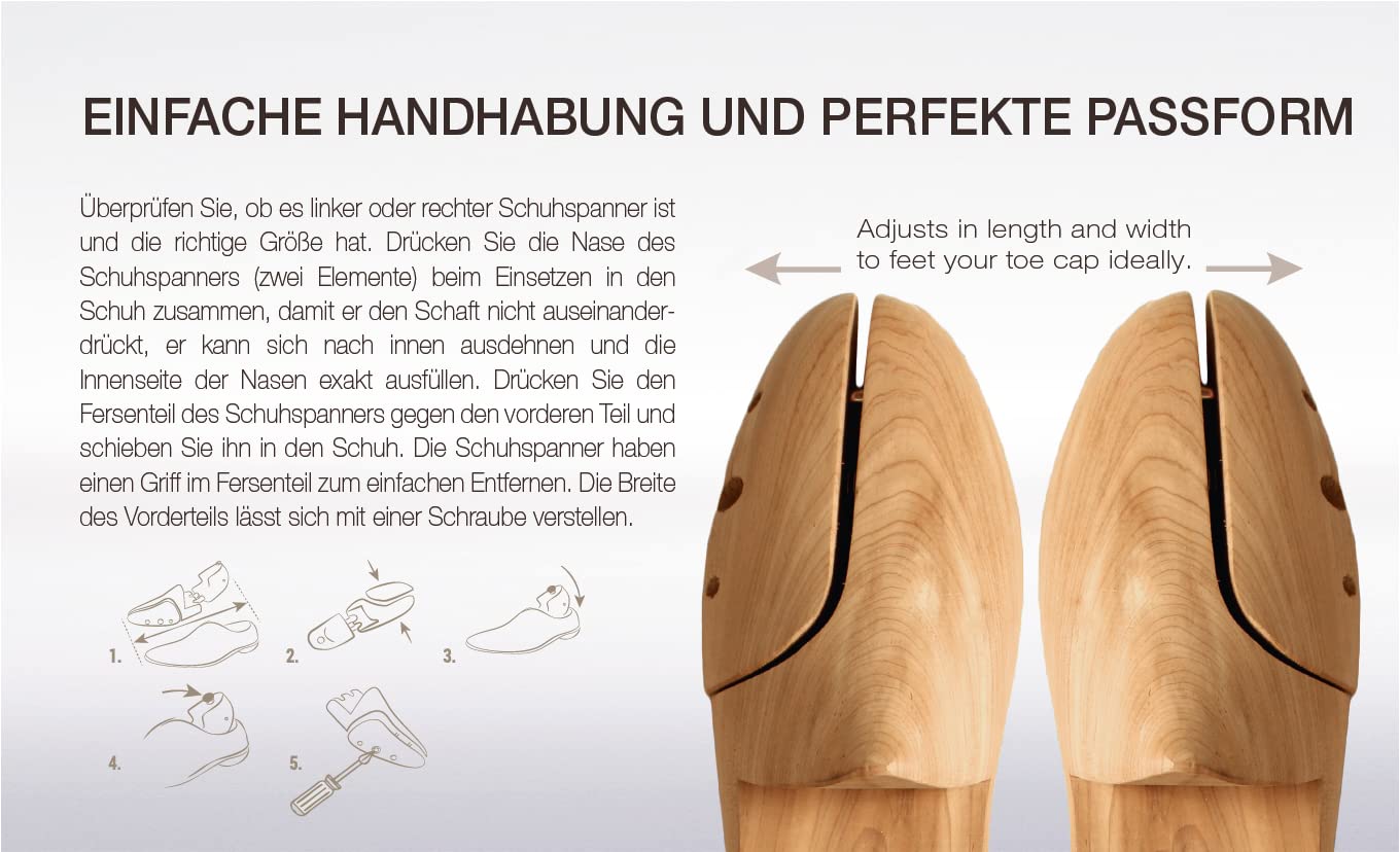 Coccine - Horma para zapatos de madera de cedro, extrafuerte, protección contra torceduras, tensor de madera para todos los zapatos, con muelles ajustables, 41-42